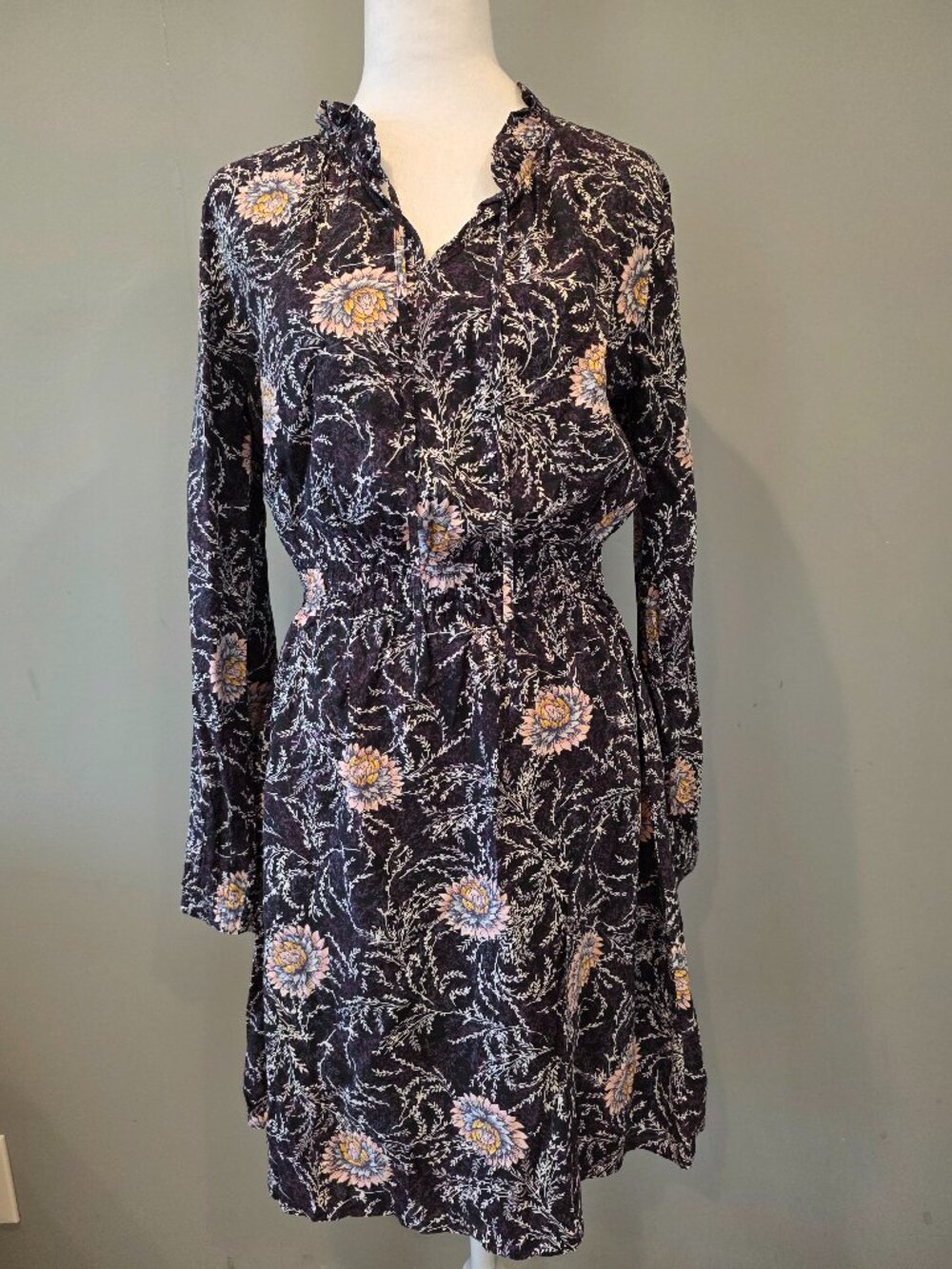 LOFT Navy Floral Long Sleeve Casual Short Dress SM Boho Fairy Feminine Ruffled